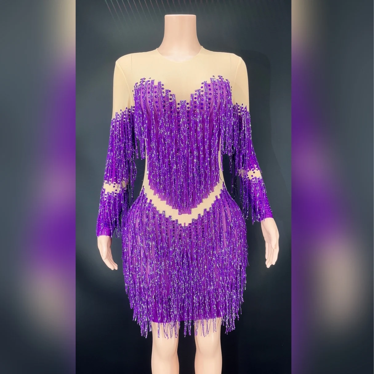 

New Sparkly Purple Silver Rhinestone Spandex Short Dress Evening Birthday Celebrate Costume Women Dancer Prom Show Dress