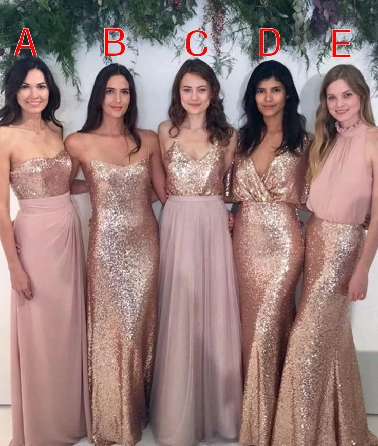 

Bridesmaid Dresses Mixed Blush Pink Chiffon with Rose Gold Sequined Floor Length Mixture Styles Country Wedding Party Gowns