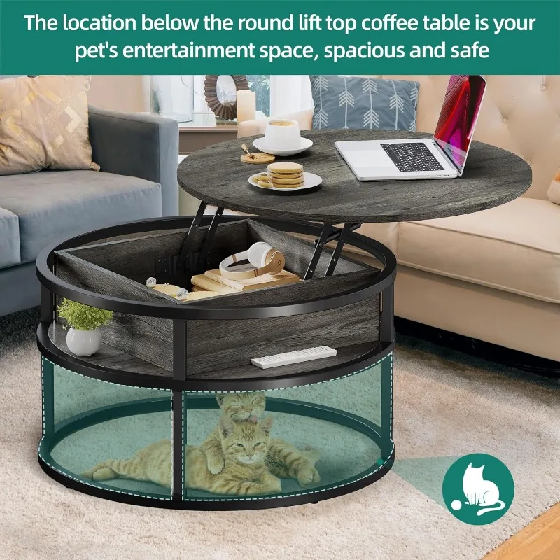 Round lift top coffee table, living room coffee table with hidden storage compartment, coffee table with storage, grey 5