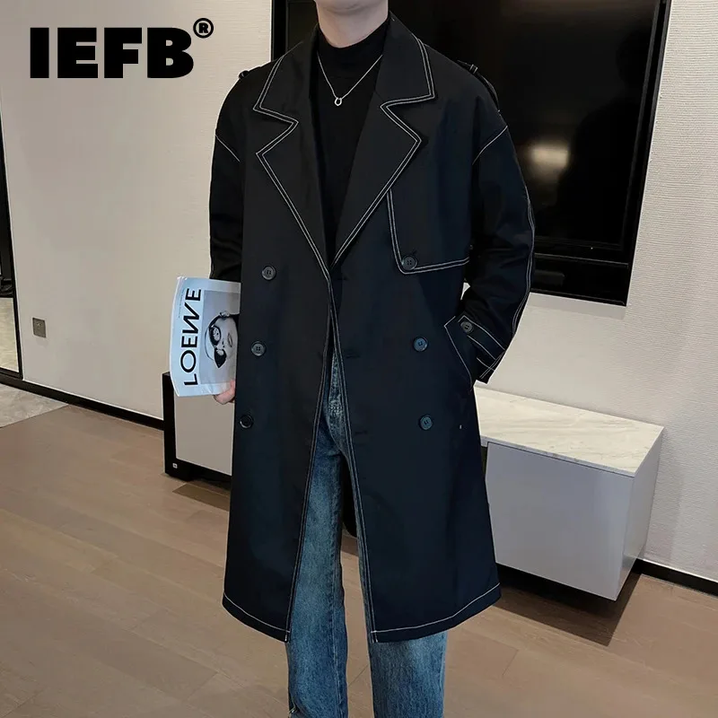 

IEFB Korean Style Luxury Men's Trench Coat Fashion Niche Design Medium Length Windbreaker Knee Length Double Breasted Top 9C3157
