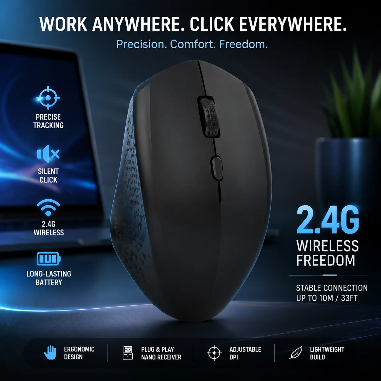 무선 충전식 무소음 마우스, 블루투스/2.4G USB 광학 마우스, 노트북 PC 데스크탑용 1600DPI 4버튼 인체공학적 마우스