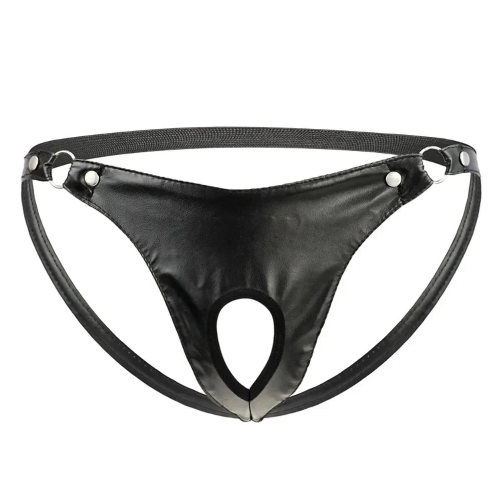 Sexy Men‘s Artificial Leather Metal Ring Thongs Jock Strap Underpants Underwear Pump Man Brazilian Thong Panties