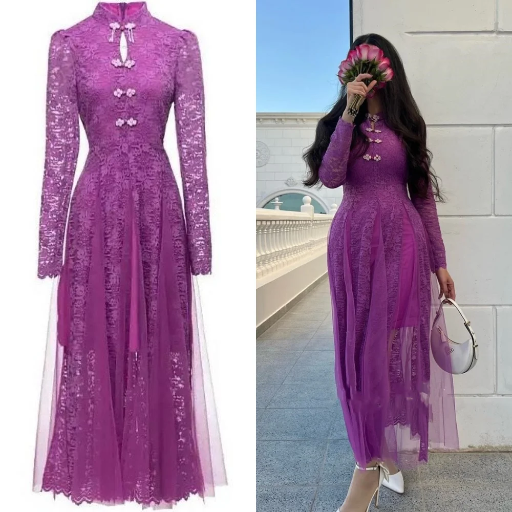 

Evening Prom Dress Saudi Arabia Lace Flower Beading Ruched Clubbing A-line High Collar Bespoke Occasion Gown Midi Dresses