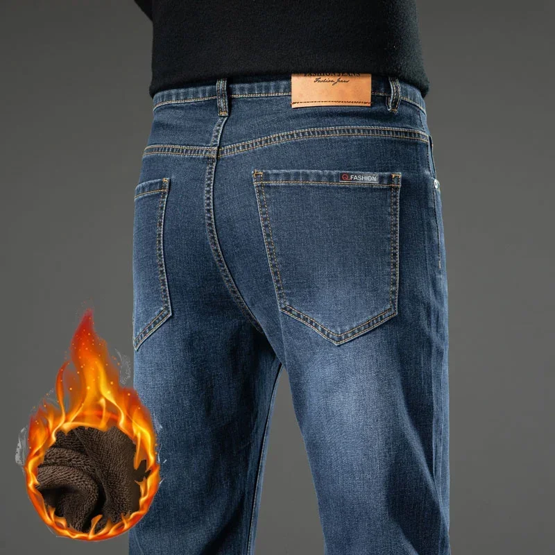 New Winter Men Thick Fleece Elastic Loose Straight Plush Wool Denim Jeans Casual Male Work Durable Warm Thermal Fitting Pants 3