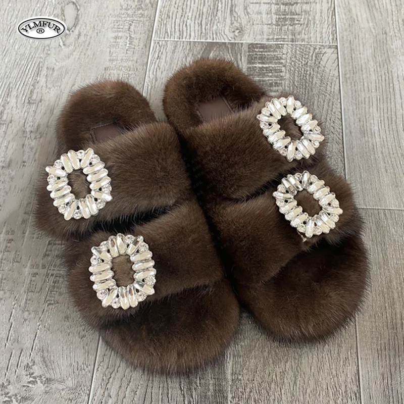 2025 New Women Fur Slippers Shoes Women Warm Winter Crystal Fur Shoes For Slippers Casual Plush Comfortable Mink