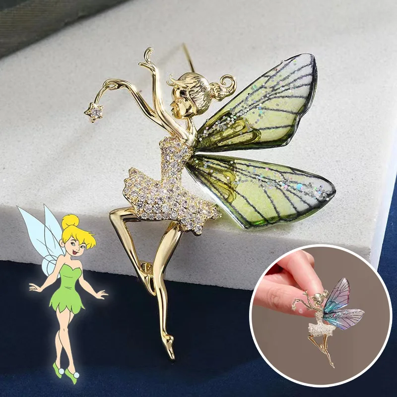 Disney Peter Pan Tinker Bell Ciondolo Con Strass Spille Donna Lega Color Oro Fata Maiden Pins Regalo Di Corpetto Di Cristallo Di Moda