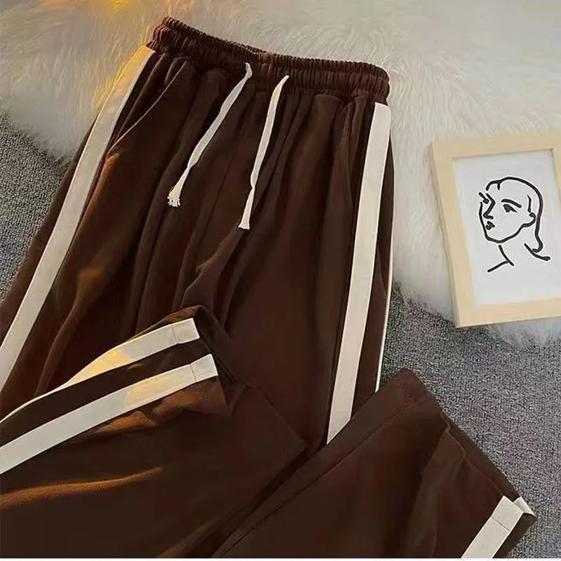 2023 Spring and Autumn Women's New High Street Stripe Straight Leg Sports Pants Korean Loose Casual Versatile Wide Leg Pants