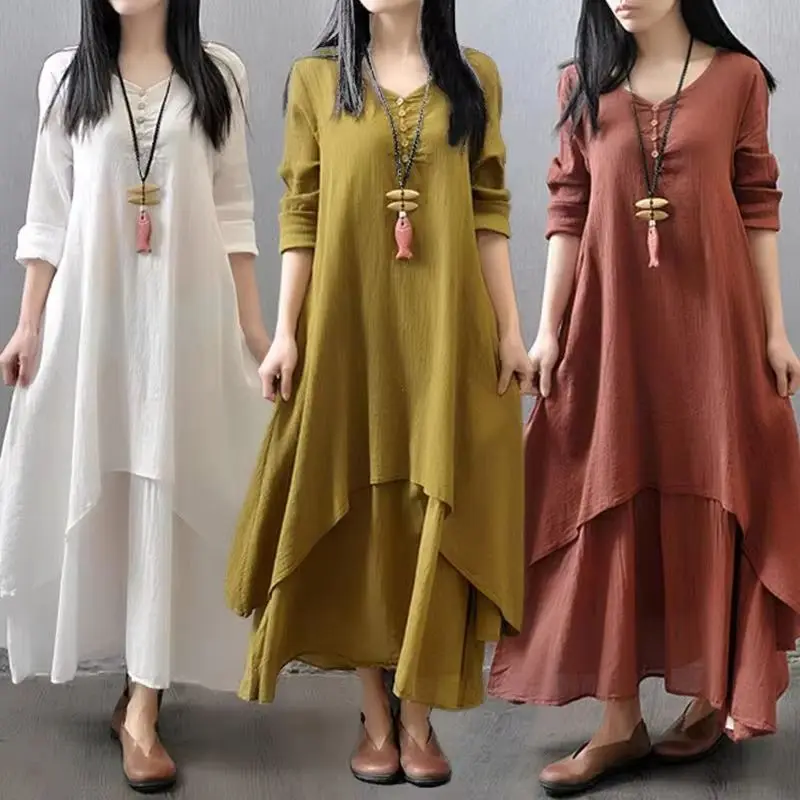 Robe asymétrique en coton et lin pour femme avec poches, col rond coréen, manches courtes, couleur unie, double couche irrégulière 1