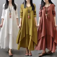 Robe asymétrique en coton et lin pour femme avec poches, col rond coréen, manches courtes, couleur unie, double couche irrégulière 1