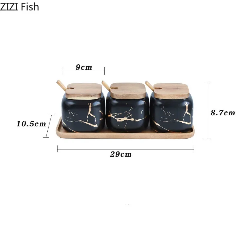 Matte Marble Pattern Ceramic Kitchen Spice Jar Oiler Set Wooden Cover Salt Shaker Spice Jar Kitchen Condiment Storage Rack Set