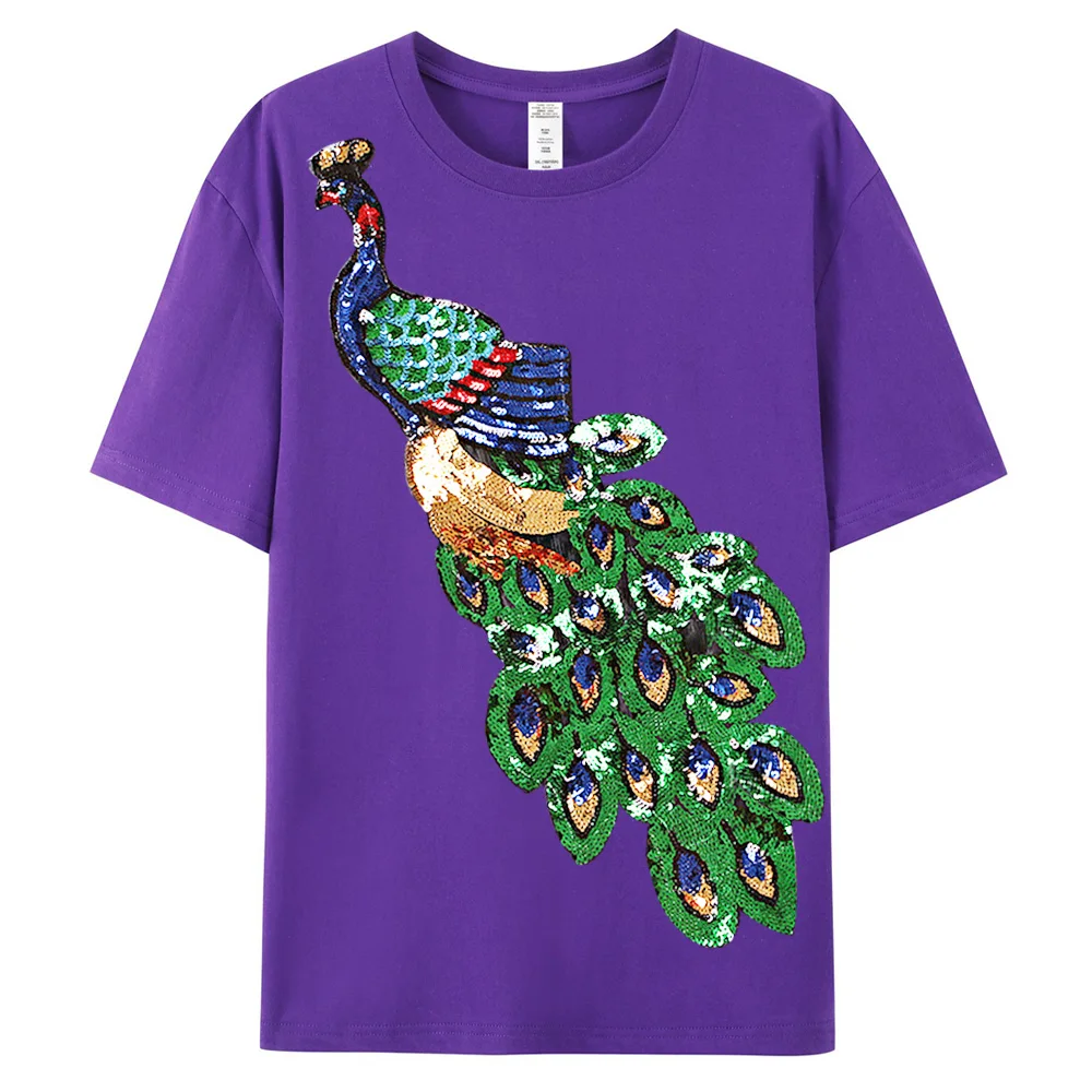 Women's Cotton T Shirts Short Sleeve Peacock Sequins Top For