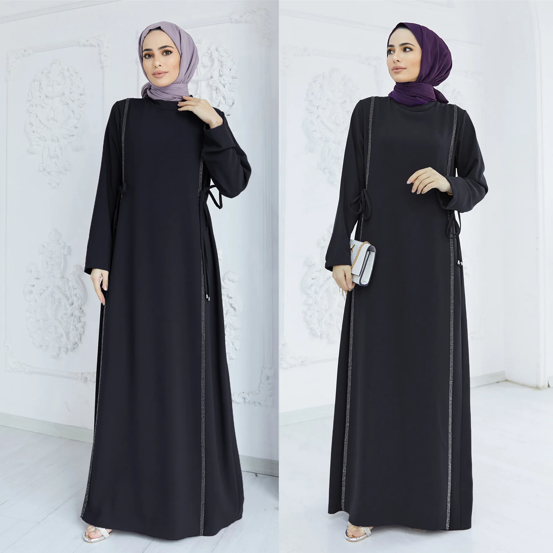 

Abaya Robe Printed Diamond Patchwork Bustier Dress Patchwork Line Elegant Party Women's Black Printed Line Muslim Fashion