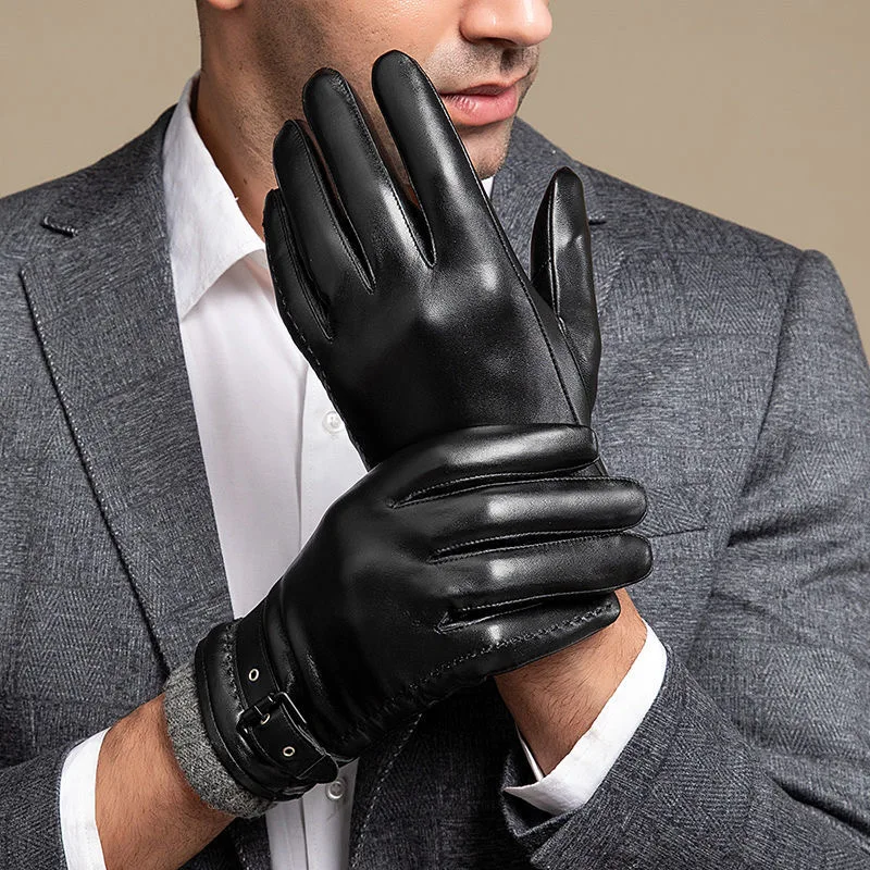 Genuine Leather Gloves For Men Male Sheepskin Touch Screen Winter Warm Windproof Mittens Driving Cycling Motorcycle