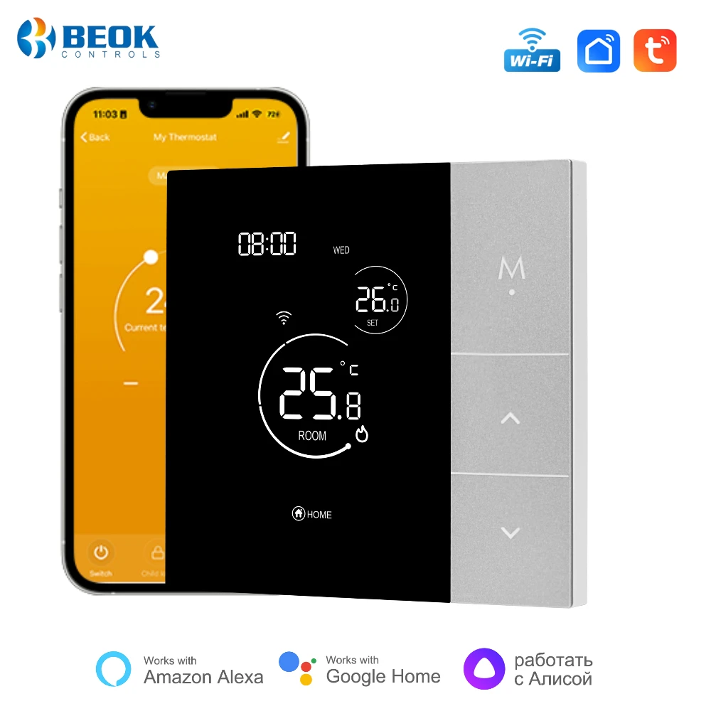 

Термостат Beok Smart Life для системы отопления пола, Wi-Fi контроллер температуры для газового котла, работает с Google Home Alice