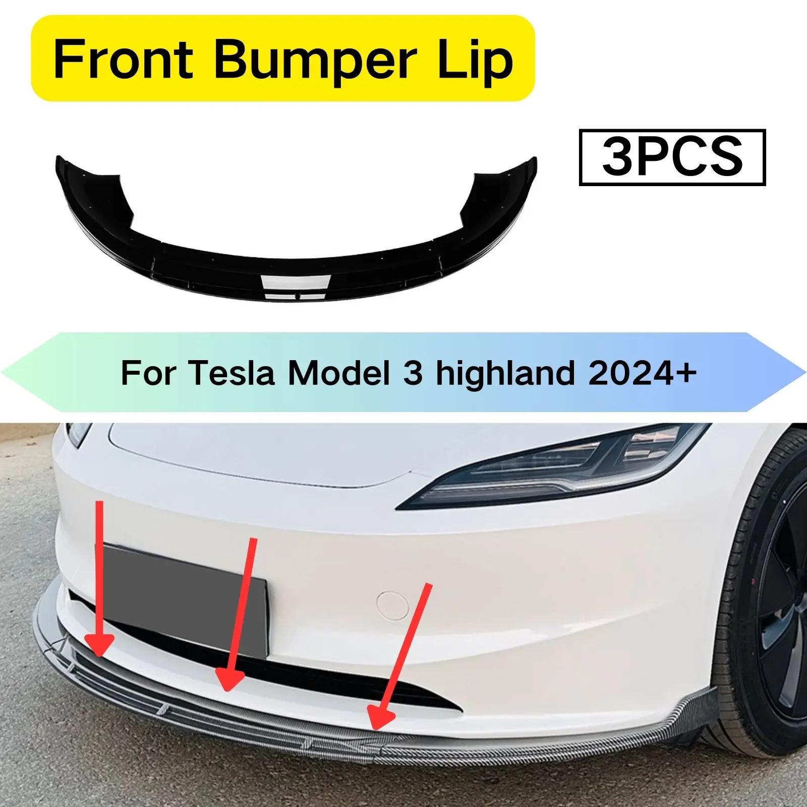 

Front Bumper Lip For Tesla Model 3 highland 2024+ Car Accessories Spoiler Splitter Spoiler Splitter 3PCS Carbon Fiber Look