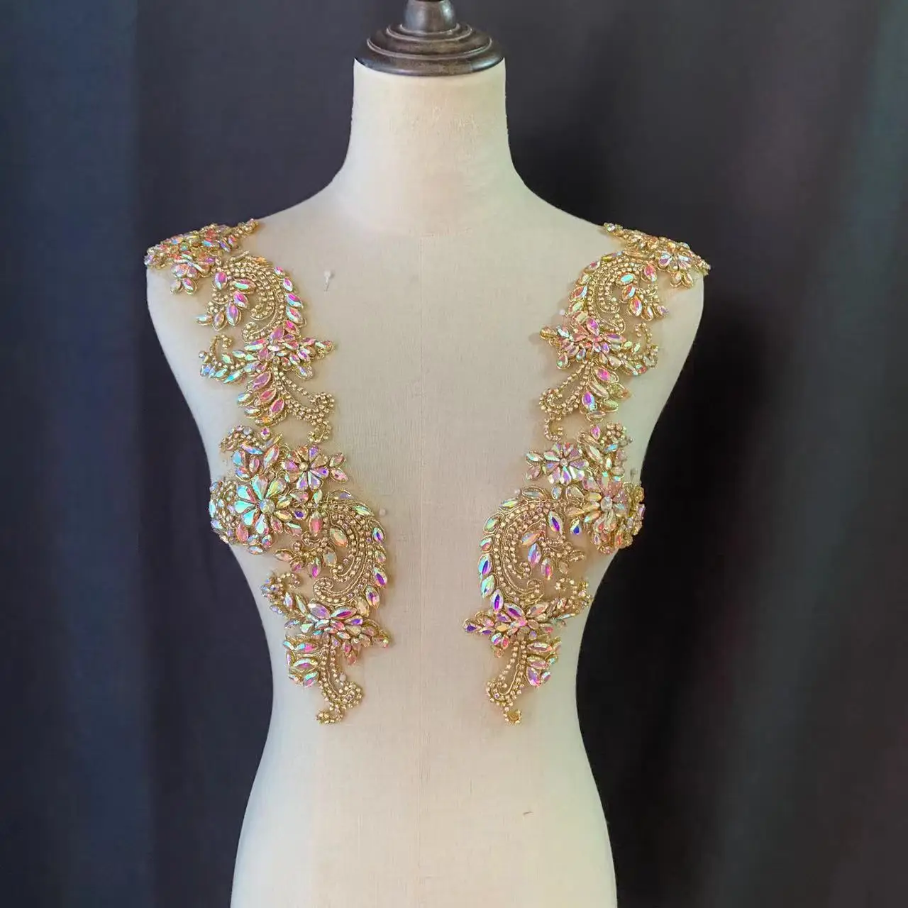 

Free Shipping Gold Handmade Sparkling Rhinestone Applique Beaded Crystal Bodice Patch for Evening Dress,Clothing,Haute Couture