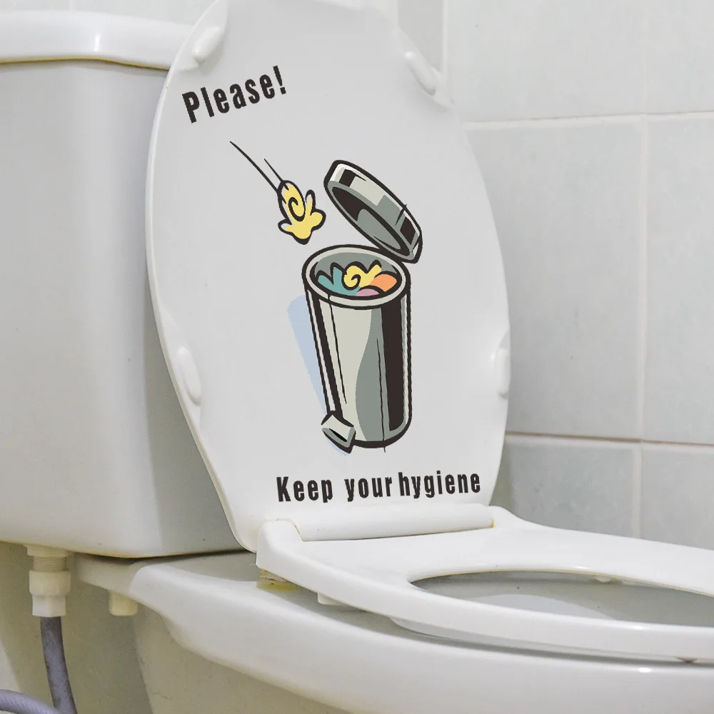 C18 # Cartoon Trash Can Funny Toilet Stickers Cartoon Child Urination Toilet Coperchio Wc Door Sticker Decor Paper Household