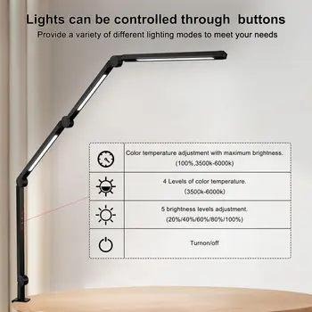 LED Desk Lamp with Clamp Flexible 4 sections Swing Arm Three light sources desk light, 4 Color Modes & 5 Brightness 4