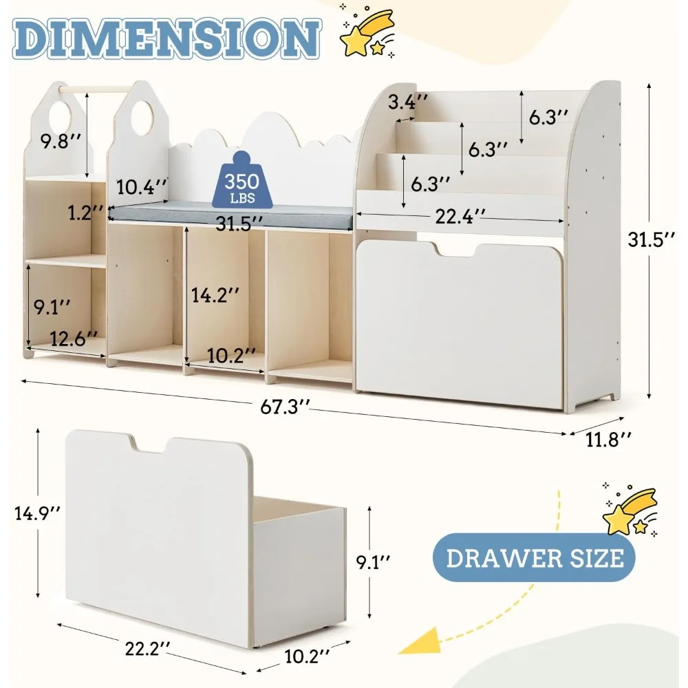 67" Kids Reading Nook with Bench, Toy Storage Organizer, 6 Cubbies & Movable Drawers, Bookshelf for Playroom Bedroom