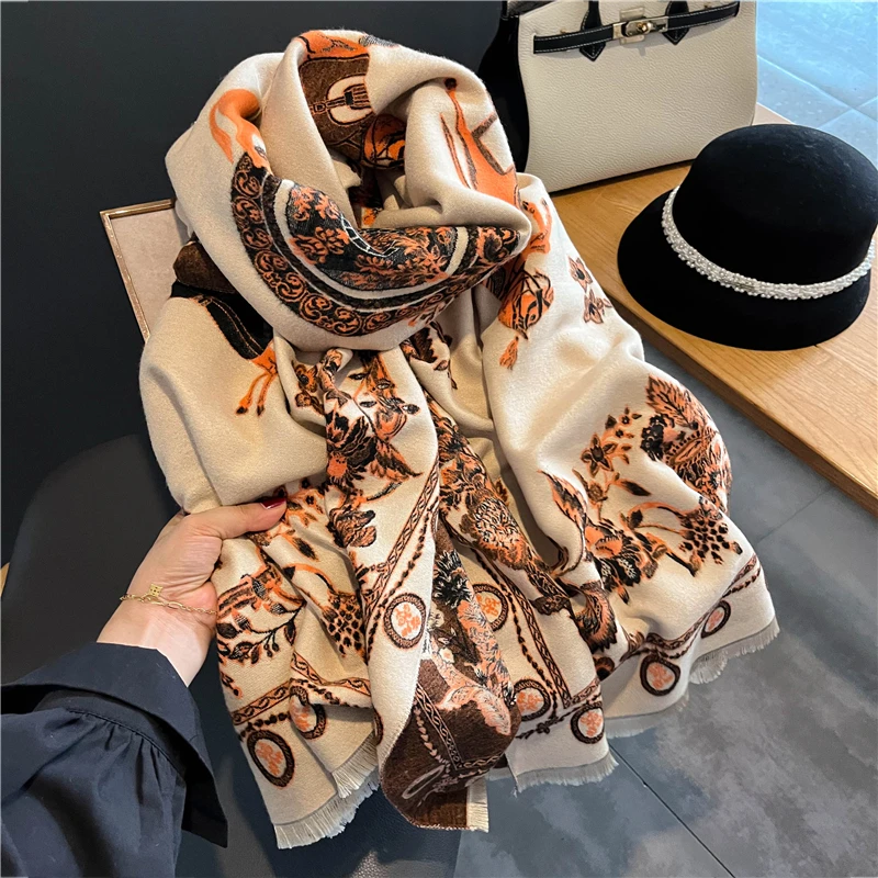  GYQWJPC Scarf Floral Print Scarf for Women Warmer Winter  Cashmere Pashmina Scarf Shawls Female Thick Blanket Wraps Foulard Cashmere  Shawl (Color : Pink Grey, Size : 60x190cm) : Clothing, Shoes & Jewelry