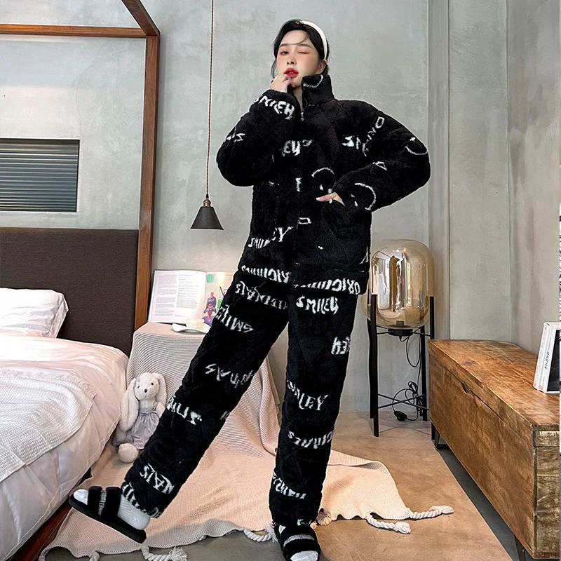

Women Pyjama Suit Homewear Home Clothes Winter Long Sleeve Thick Warm White Print Flannel Pajama Sets Sleepwear