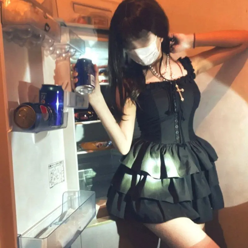 

Punk Style Y2k Black Dress Women Classic Vintage Party Hotsweet Girl Sexy Night Club Mini Aesthetic Mujer Solid Summer Sundress