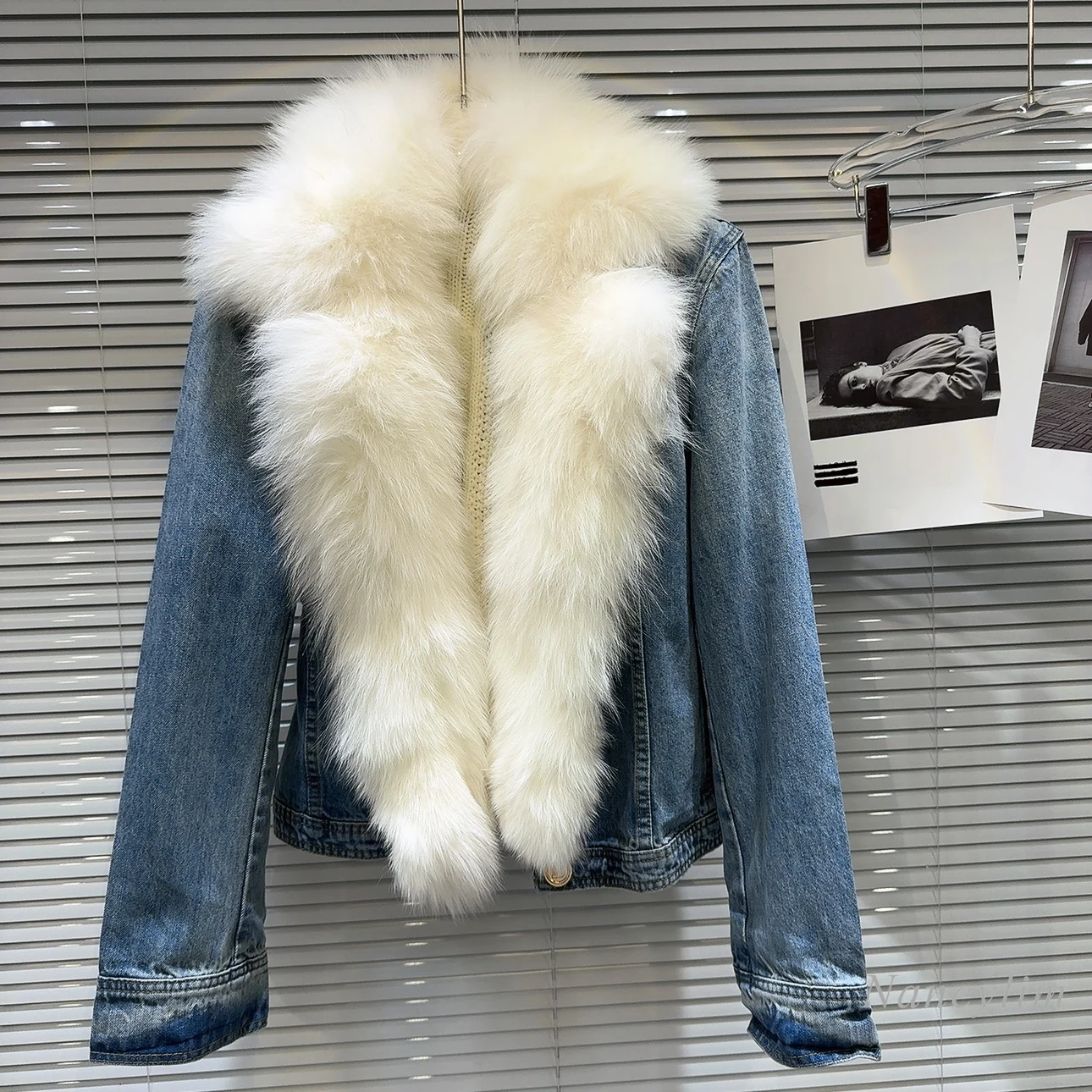 

Blue Jean Jacket Woman 2023 Winter Wear New Big Fox Fur Woolen Knit Liner Washing Water Denim Coat Women Jaqueta Jeans Feminina