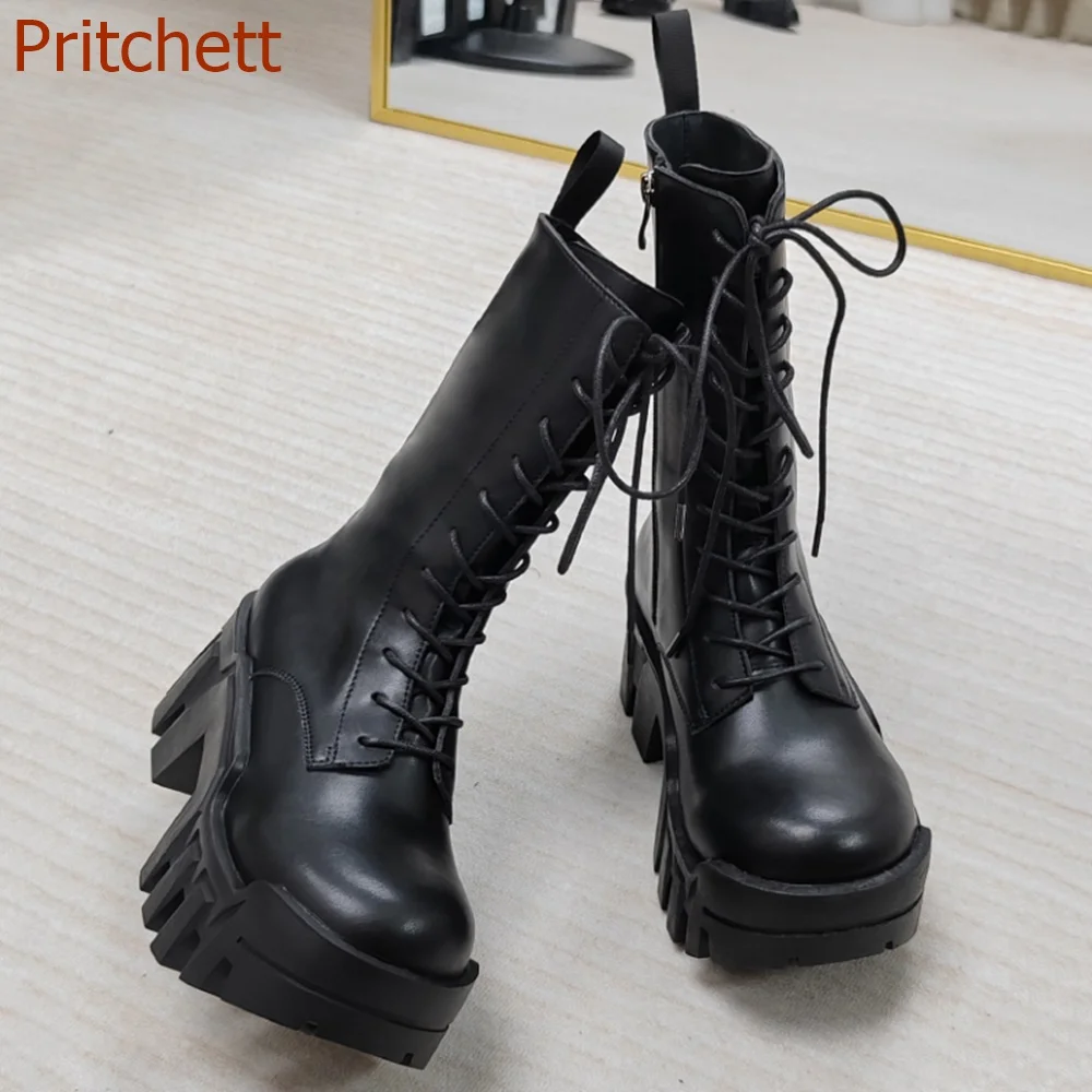 Square Toe Thick Heel Women Boots Solid Lace Up Sqaure Toe Genuine Leather Fashion Casual Punk Cross Tied Women Shoes 2023Newest