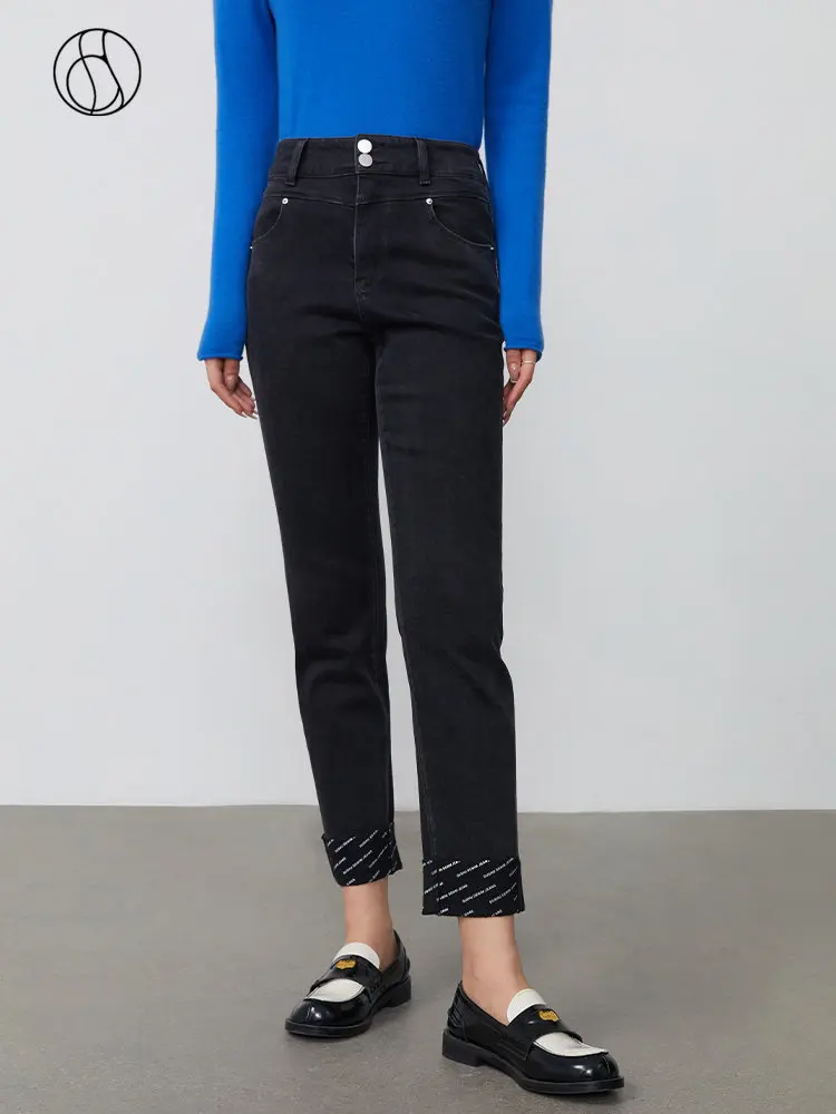 

DUSHU Women Winter 75.7% Cotton Elastic Denim Blue Jeans High Waist Two Button Decoration Cuffed Women Straight Black Jean