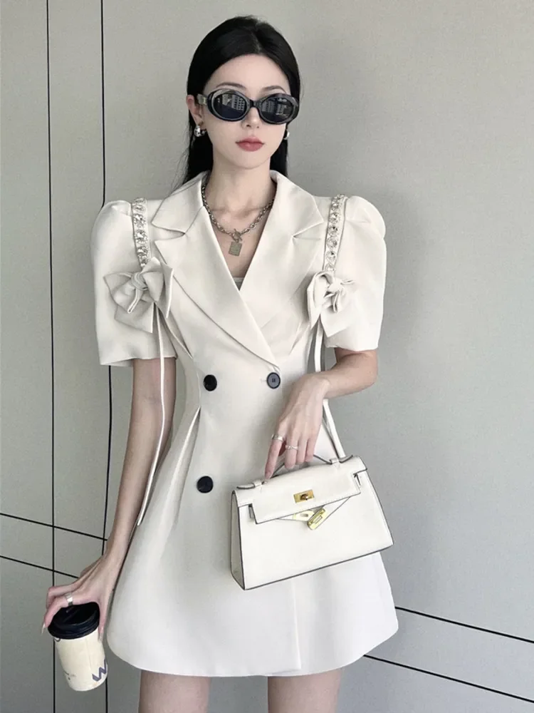 

England Blazer Dresses For Women Korean Elegant Fashion OL Double-breasted Short Sleeve Summer Dress Diamond Bows Party Dresses