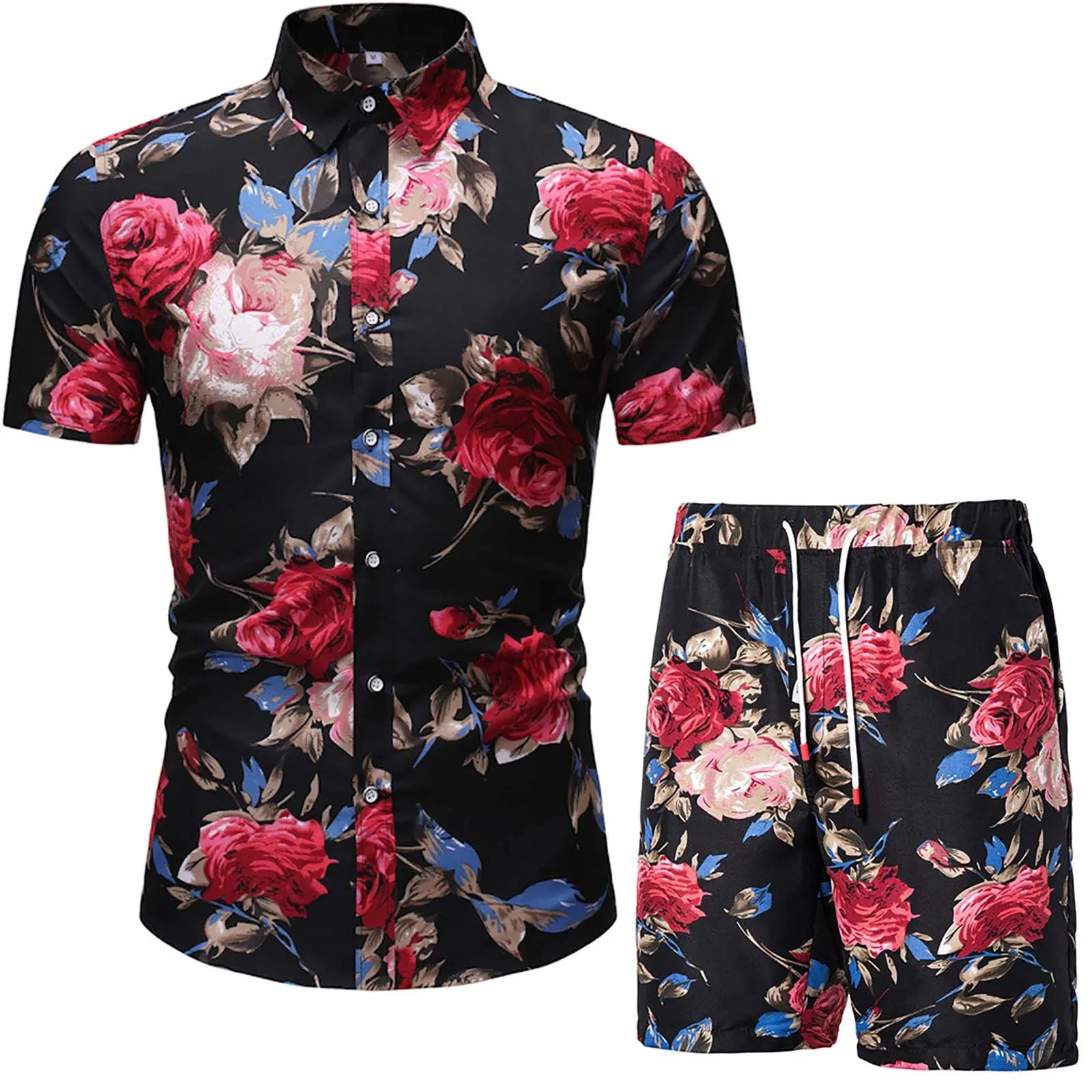 Floral Leaf Printed 2PCS Shirts Suits Men Fashion Shirts+Shorts 3D Two Piece Sets Hawaii Shirts Beach Shirt Sets Boy Beach Sets 6