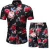 Floral Leaf Printed 2PCS Shirts Suits Men Fashion Shirts+Shorts 3D Two Piece Sets Hawaii Shirts Beach Shirt Sets Boy Beach Sets 6