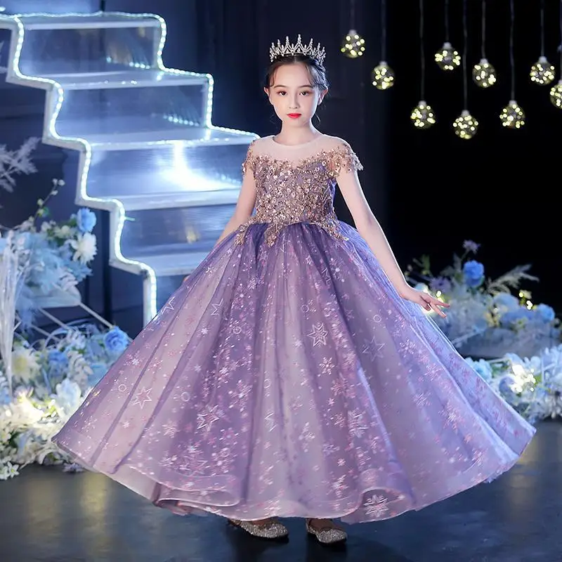 2024 Christmas Luxury Purple Long Dresses for Girls Kids Princess