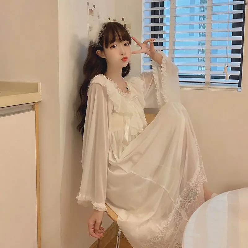 Spring Autumn Women Long-sleeved Nightdress 2024 New Lace Mesh Pajamas Lacework Bow Nightgown Solid Color Perspective Pyjamas