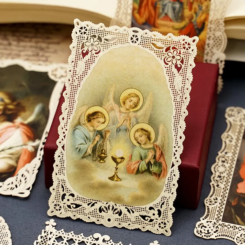 Religious Bookmark of Holy Eucharist and Angels Christian Lace Holy Card 7x11cm Christ Figures Icons Catholic Church Gift