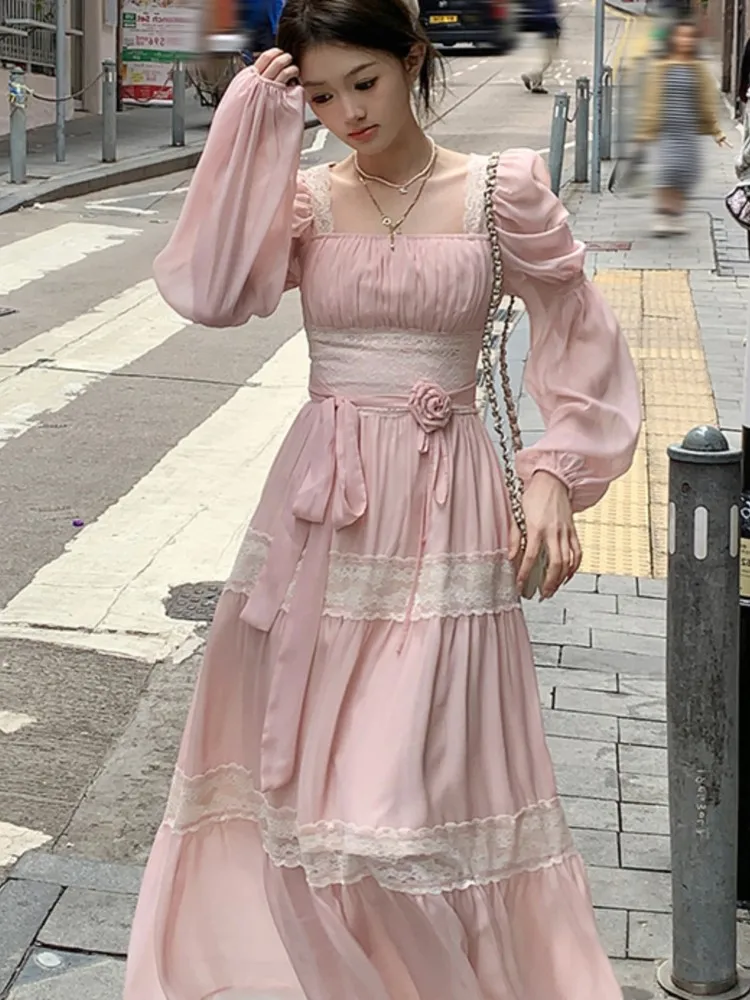 

Summer Chiffon Midi Dress Women Lace Y2K Lolita Fairycore Puff Sleeve High Waist French Vintage Evening Party Dresses Prom Robe