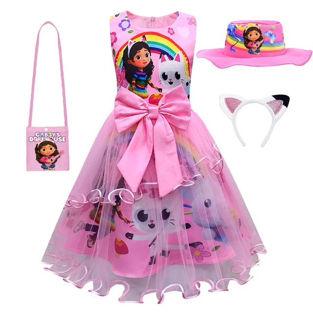 Kids Gabbys Costume with Hat Bag Hairband G-Gabbys-Dollhouse Clothing Mercat Dress Animals Smiling Cat Car Cat Gaby Girl Dress