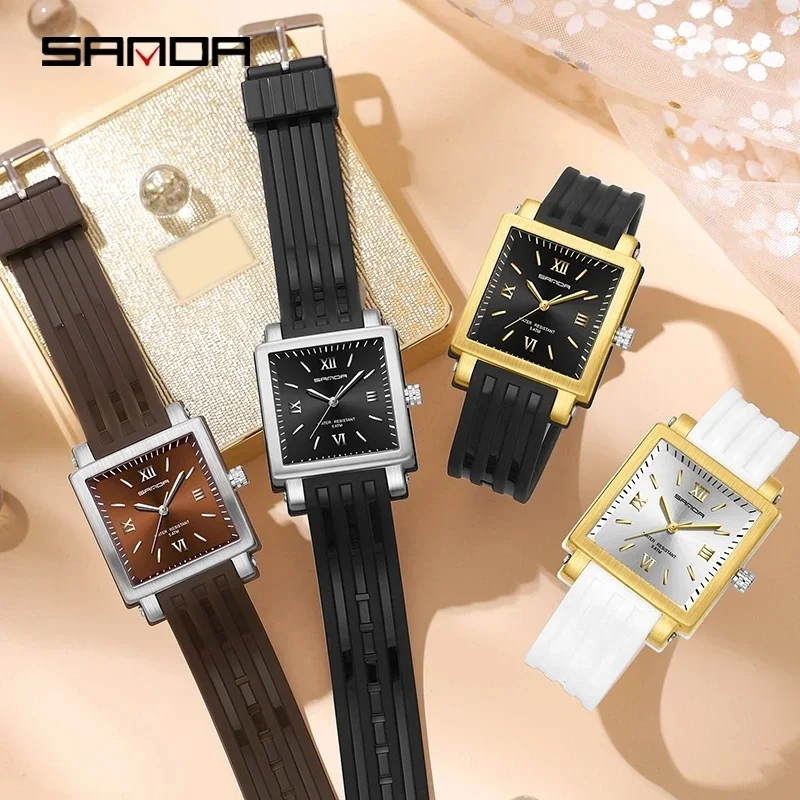 

Sanda Rectangular Wrist Watches for Women gold Case Ladies Watches Luxury Brand rubber strap Quartz Clock zegarek damski 3208