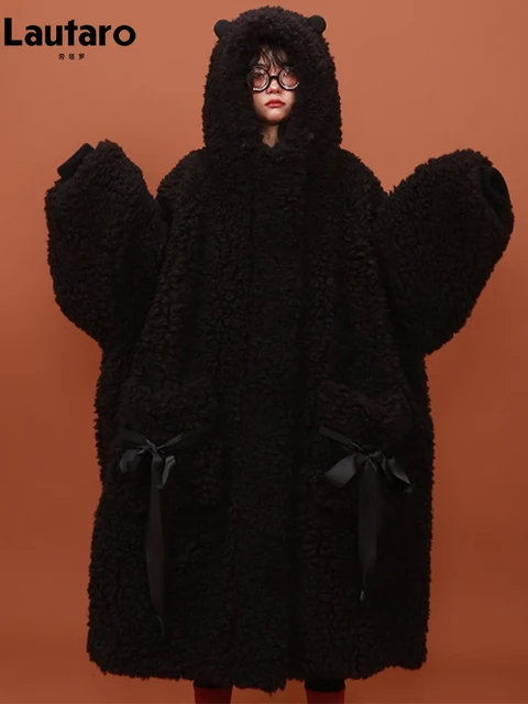 Women's Fluffy Cardigan Sweater – Open Front Fuzzy Hooded Coat (Black Cat Print)