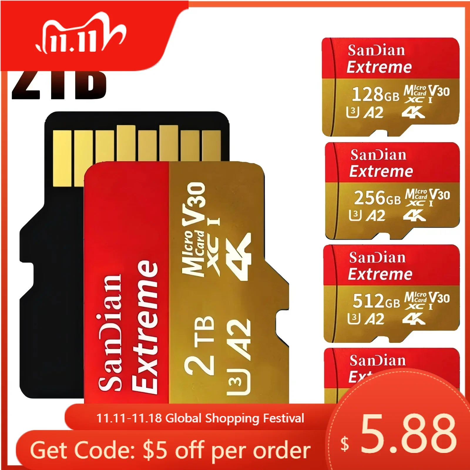 Memory Card 2TB Flash TF/SD 512GB 1TB Class10 Mass Capacity Storage for PC/Phone/Camera/Mac