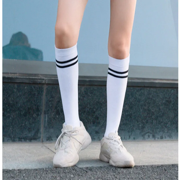 Fashion Women's Knee High Socks Streetwear Harajuku Cotton JK Two Stripe Mesh Japanese Lady Gift White Black Grey Long Sock hue socks Women's Socks