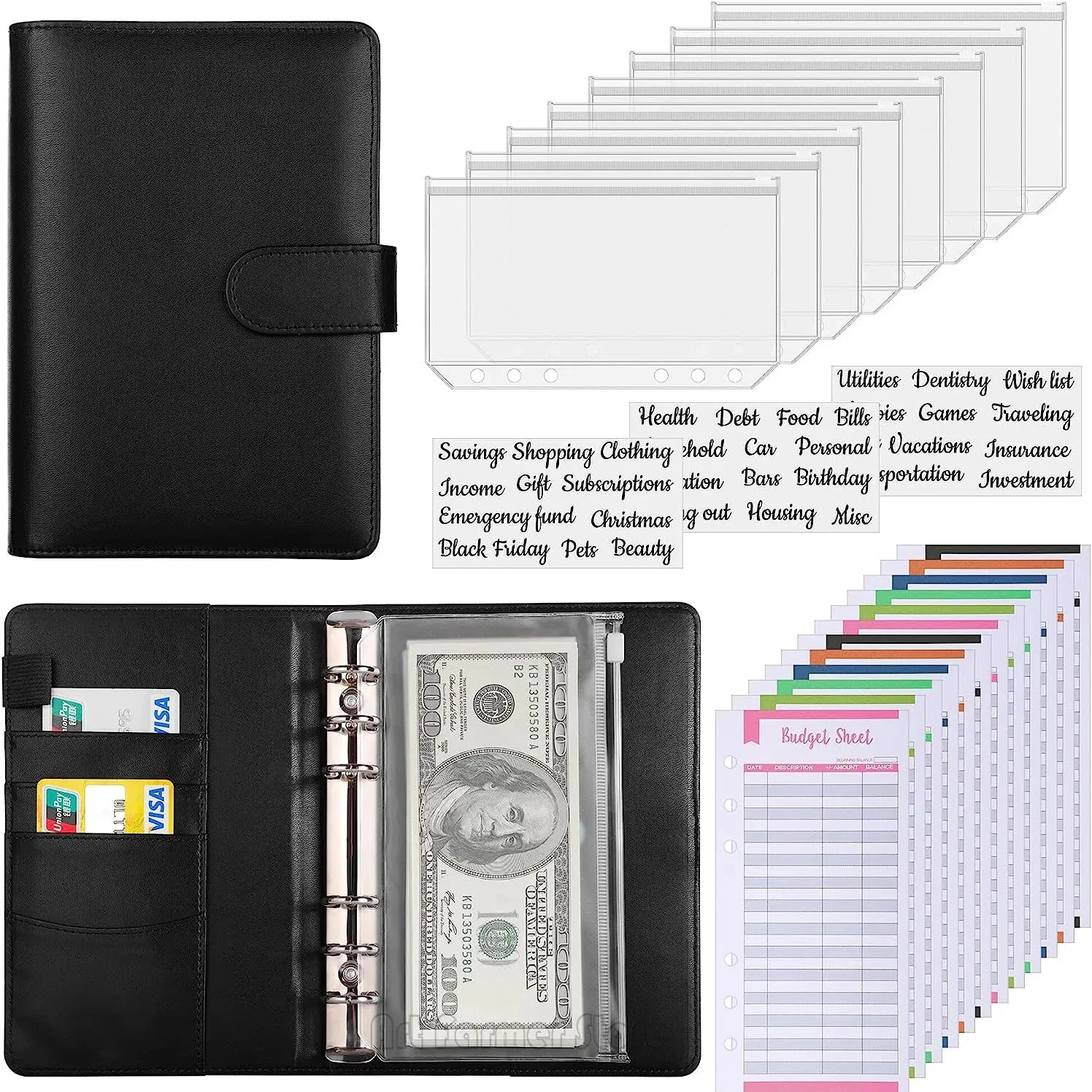 Budget Notebook A6 2024 Cash Envelope Saving Money 6 Holes Binder for Financial Management A6 Loose-leaf Notebook Binder Housing