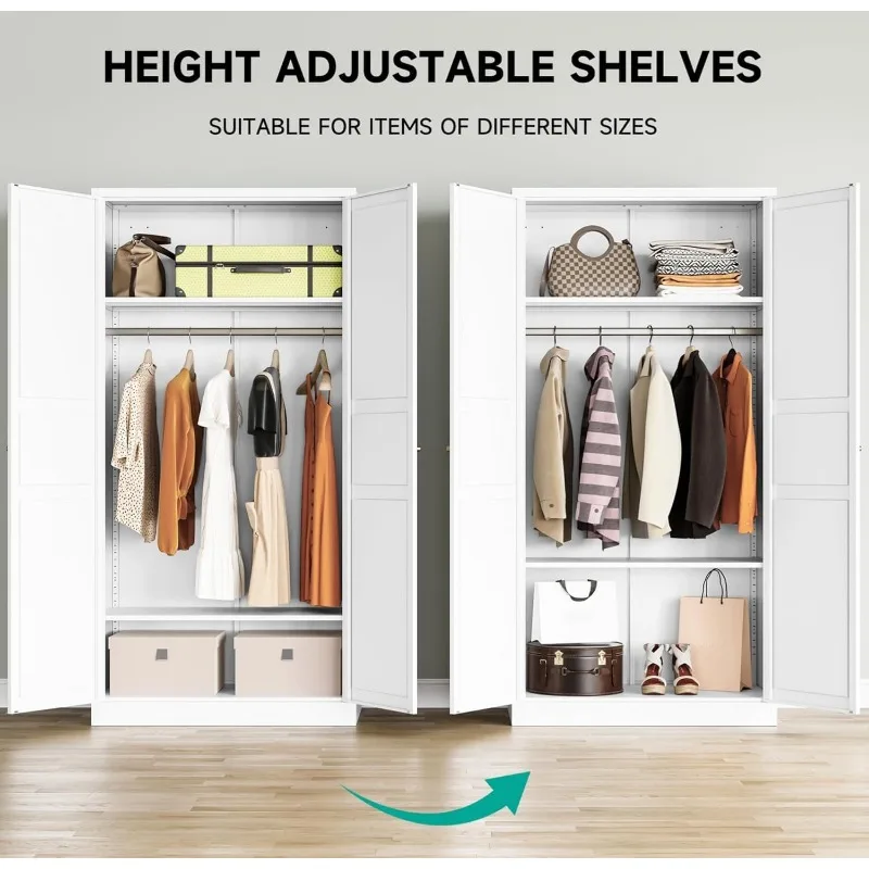 Metal Wardrobe Cabinet with Hanging Rod, Metal Clothing Storage Cabinet with Adjustable Shelves and Doors, 72 Inch Wardrobe 4