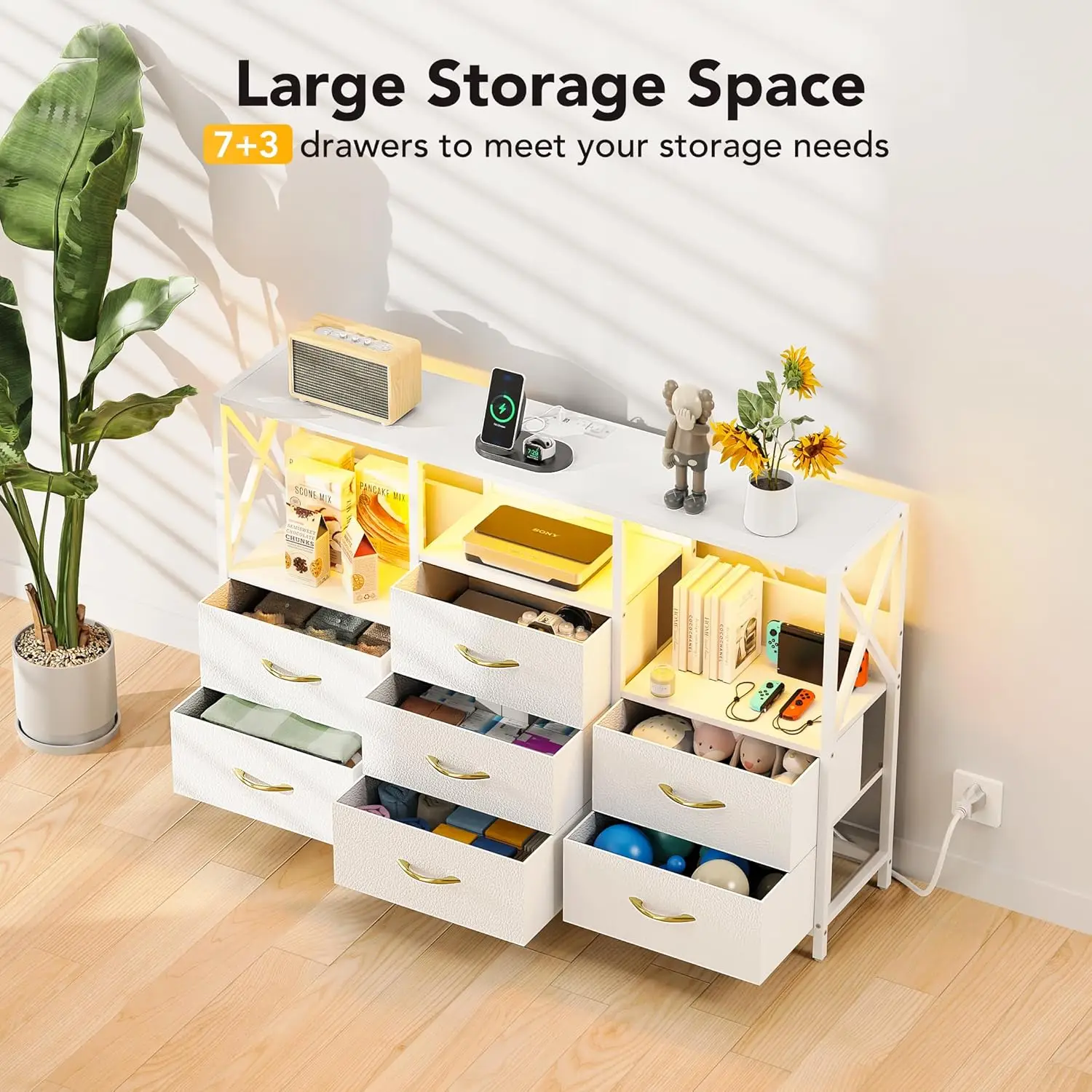 White Dresser. Bedroom. 65" TV Stand with Charging Station & LED Lights. 7 Fabric Drawers. Solid Wood Top. Living Room. Closet.