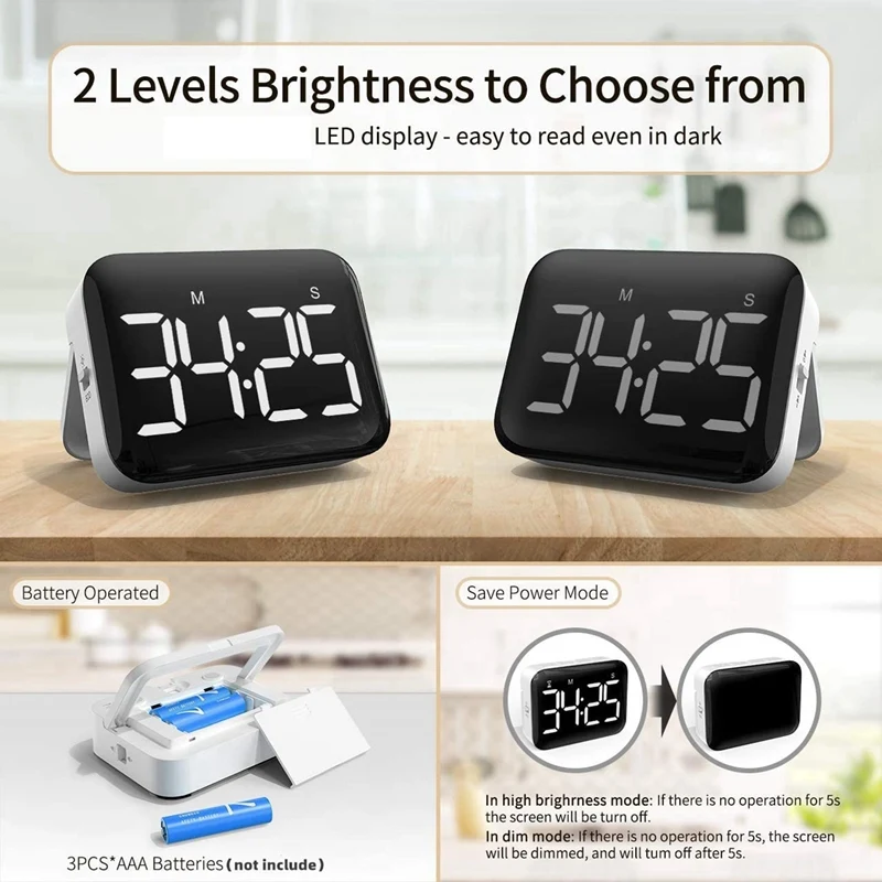 Digital Kitchen Timer - Magnetic Countdown Count Up Timer with Large LED  Display, 2 Brightness, Loud Volume, Easy for Cooking and for Kids Teachers