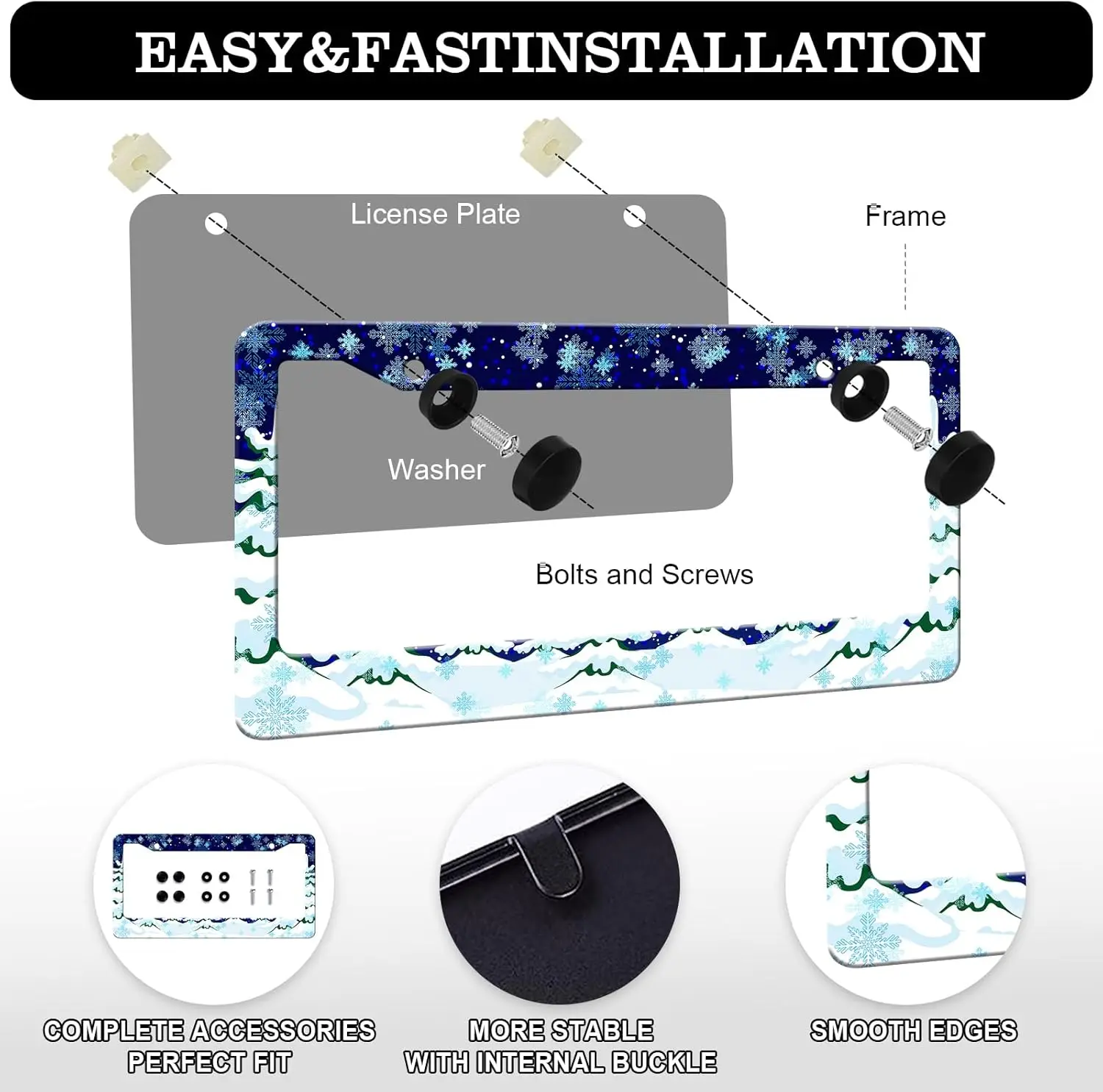 크리스마스 번호판 프레임 2팩 귀여운 눈송이 겨울 스테인리스 번호판 홀더, 녹 방지 방수