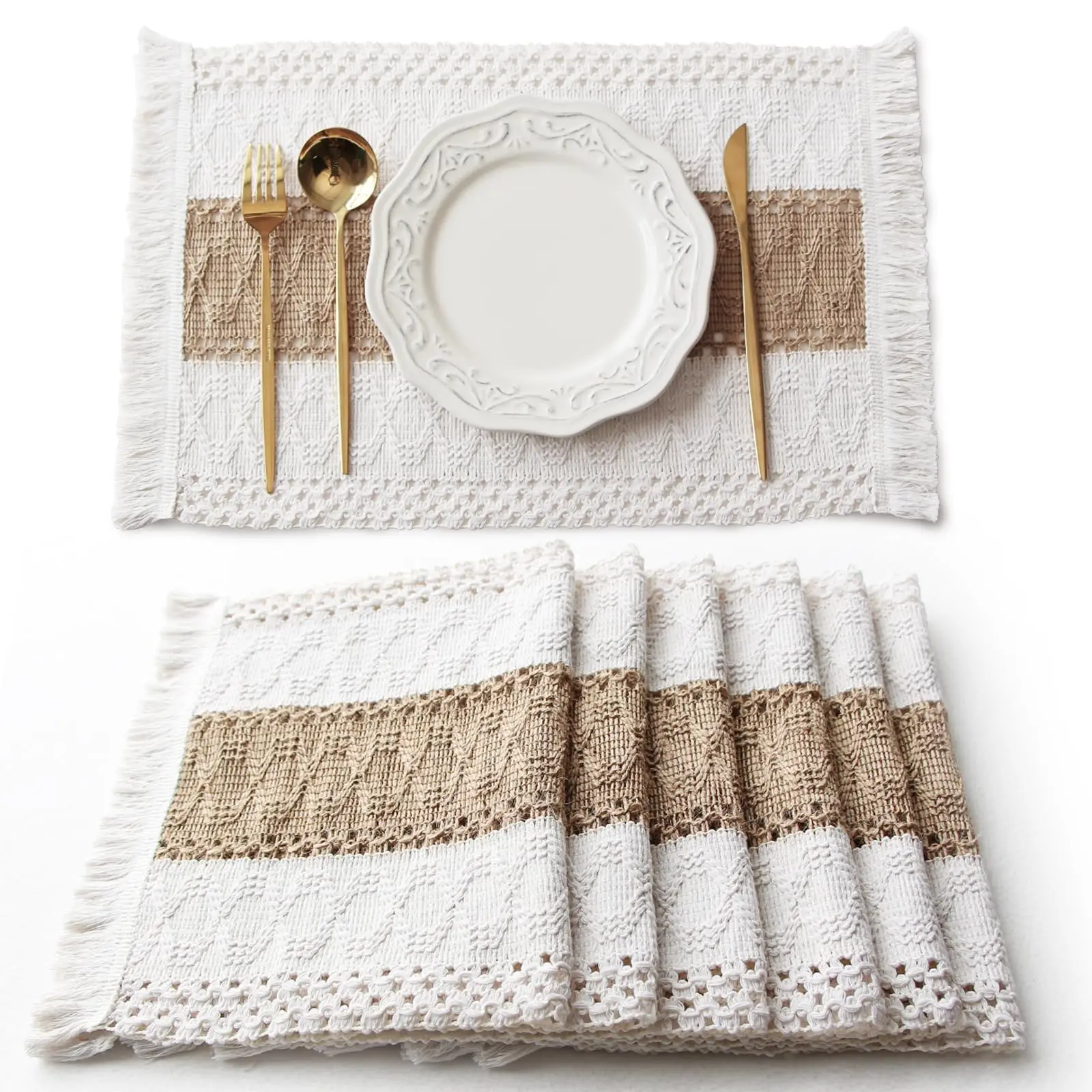 

Boho Placemats Set of 6, Macrame Table Decor and Farmhouse Style Placemats Natural Cotton Burlap, for Dining Table