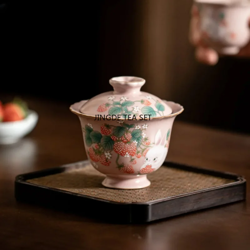 100ml Pink Ru Kiln Cover Bowl Strawberry Rabbit Tea Cup Home Zen Tea Set Gift gaiwan porcelain