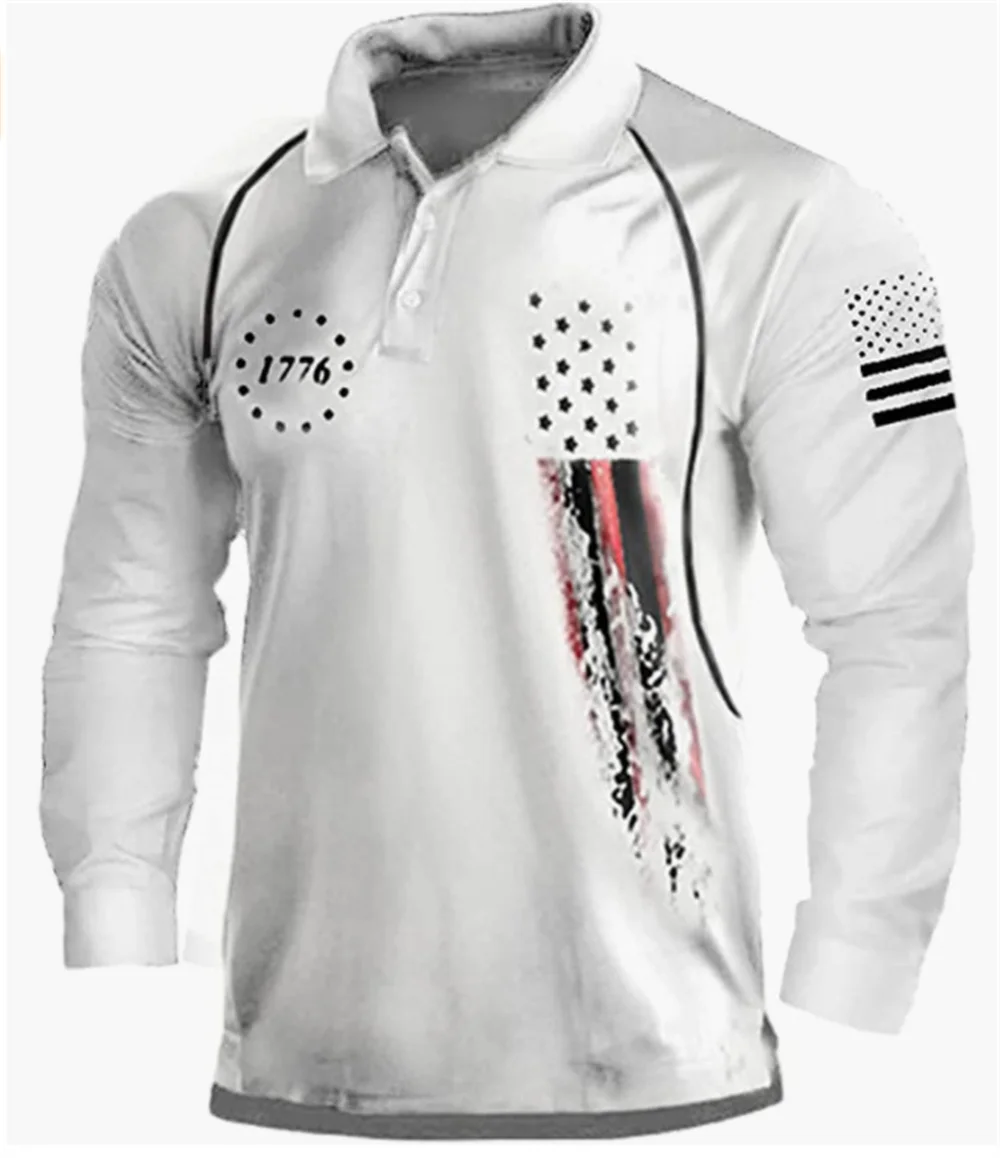 Men's Long -sleeved American Flag POLO Shirt 2