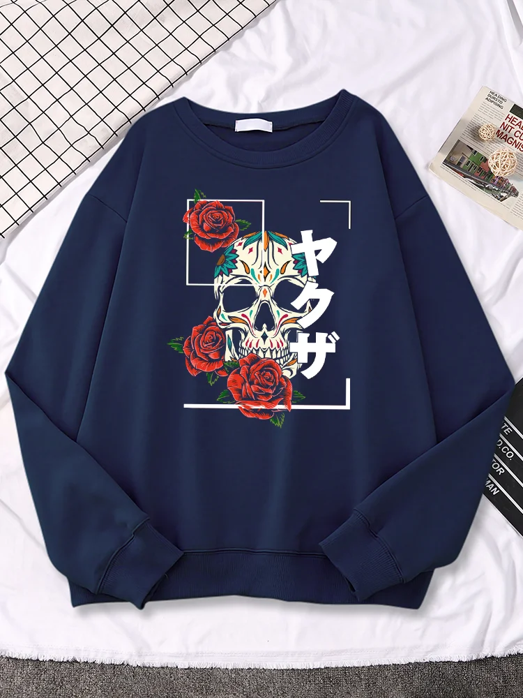

Grunge Goth Aesthetic Japanese Flower Colorful Skull Prints Women Hooded High Street Clothes Fashion O-Neck Pullover Woman Hoody